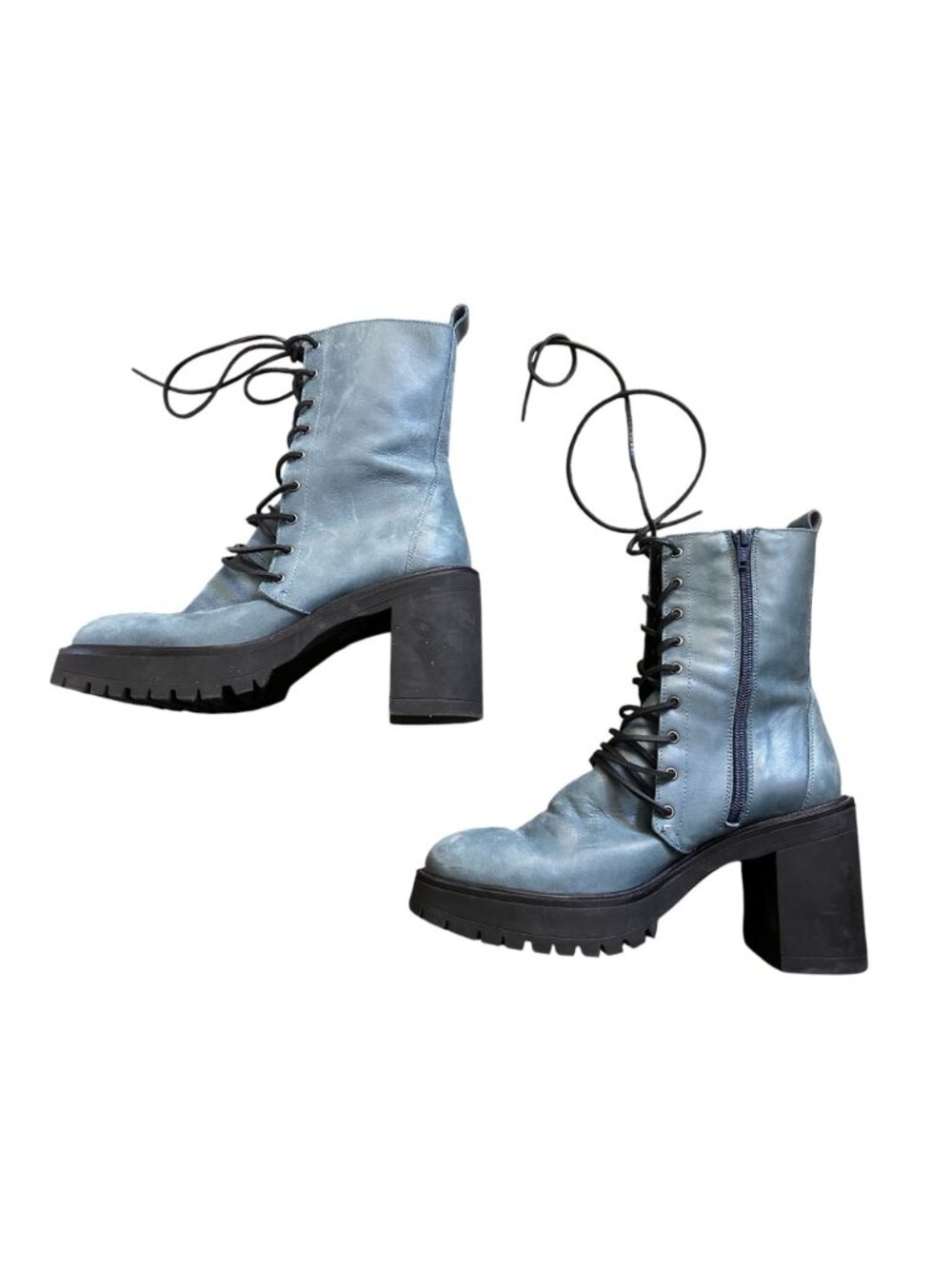 Free People Leather Dylan Lace Up Boots 39 8.5 Blue Block Chunky Witchy Grunge - Picture 4 of 14